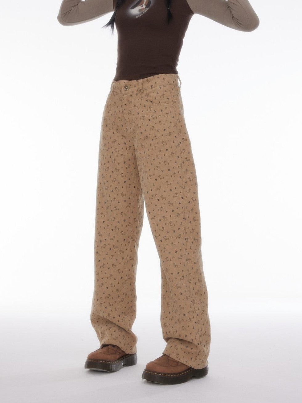 BETWEENAND Allover Dachshund Print Pockets Straight Leg Women&