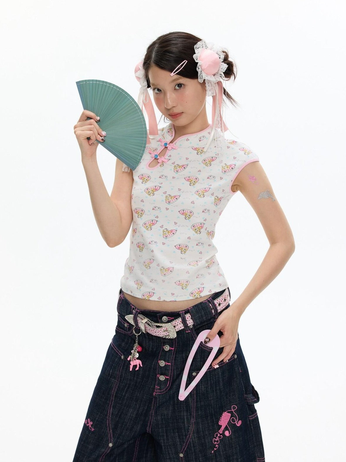 BETWEENAND Allover Print Qipao Short Sleeve Women&
