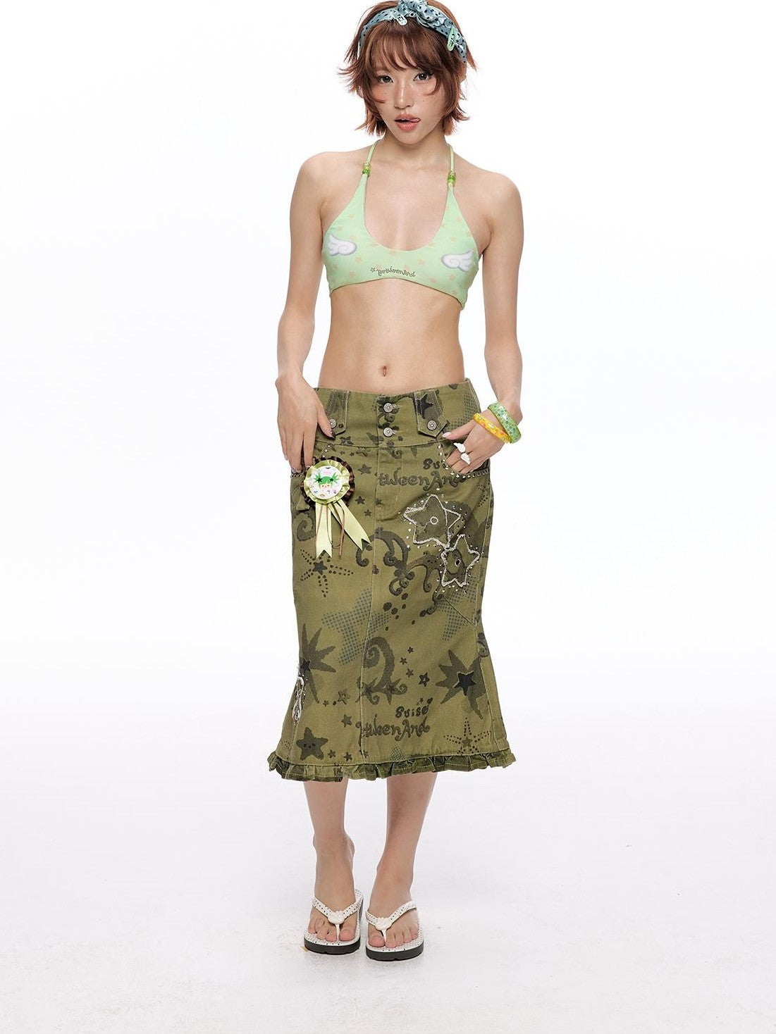 BETWEENAND Allover Star Applique Lace Distressed Fishtail Cargo Women&