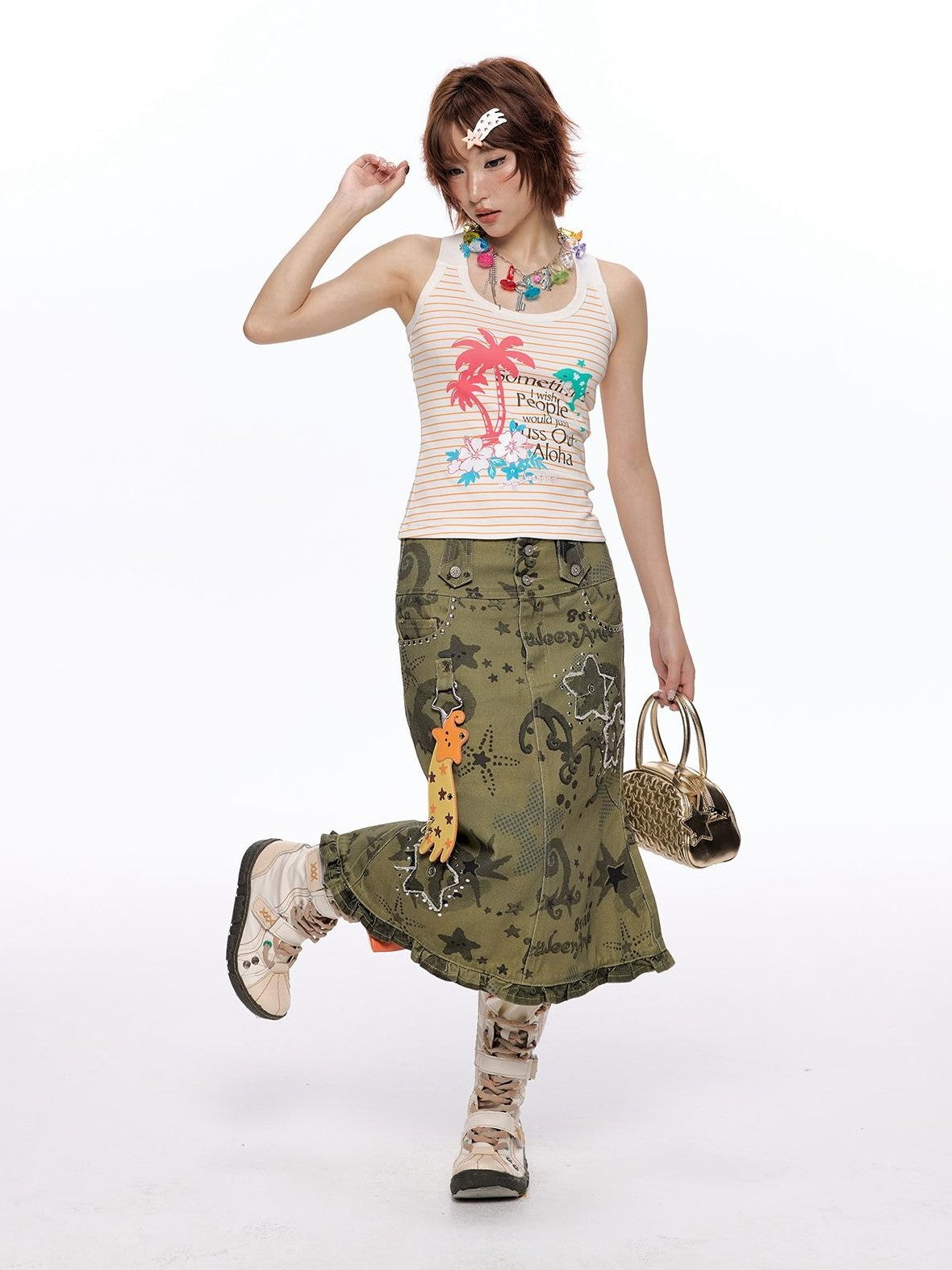 BETWEENAND Allover Star Applique Lace Distressed Fishtail Cargo Women&