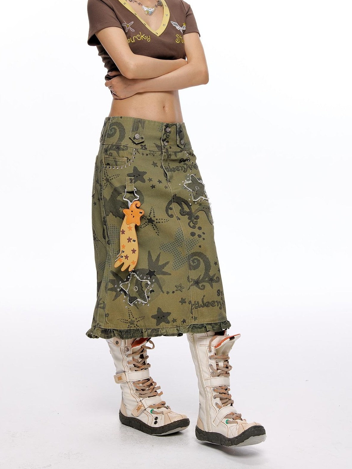 BETWEENAND Allover Star Applique Lace Distressed Fishtail Cargo Women&
