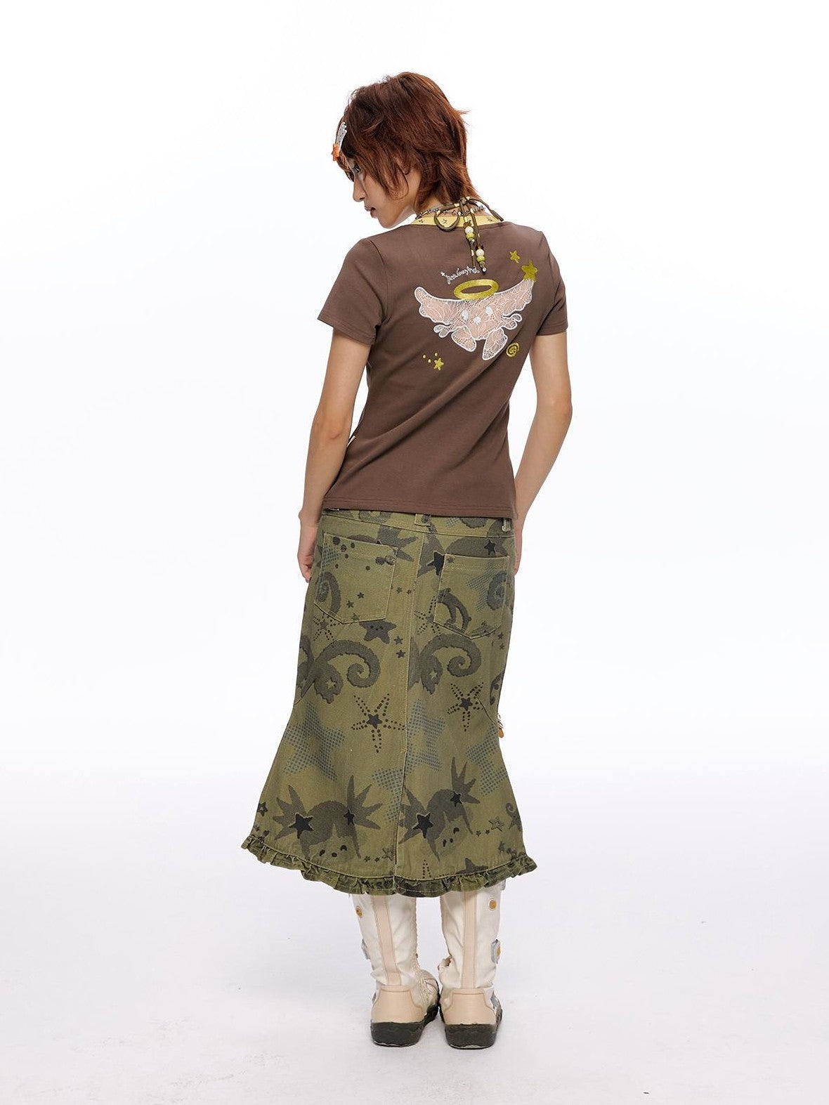 BETWEENAND Allover Star Applique Lace Distressed Fishtail Cargo Women&