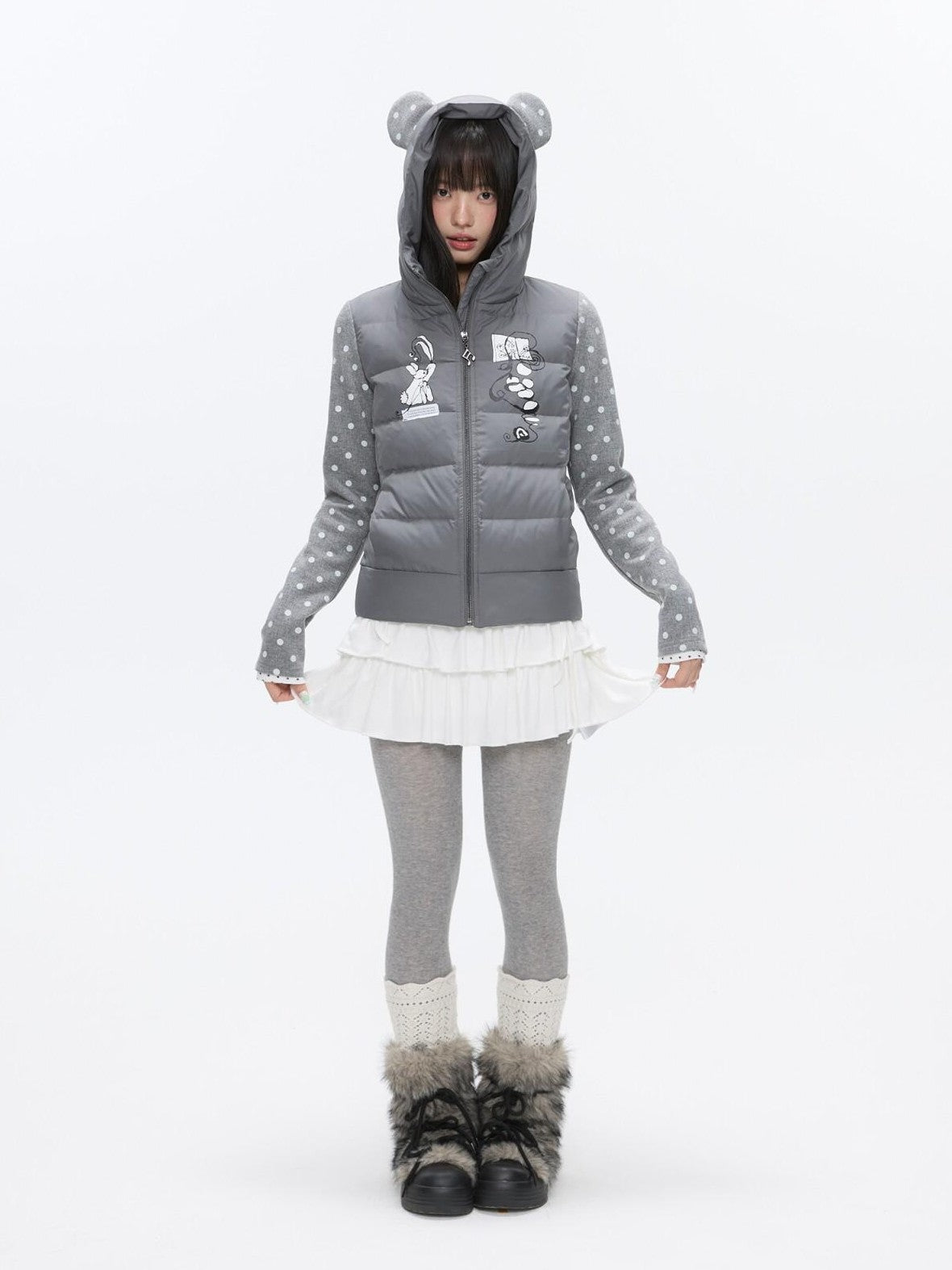 BETWEENAND Bear Ear Hooded Cute Bear Print 90 White Duck Women&