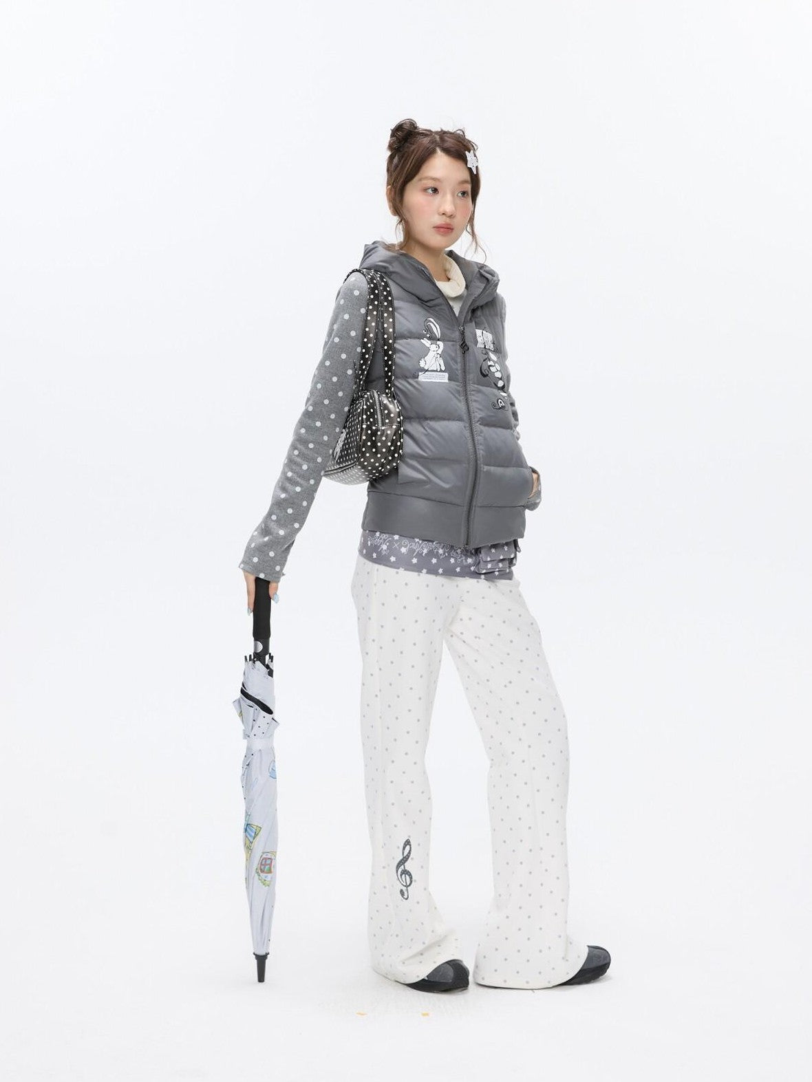 BETWEENAND Bear Ear Hooded Cute Bear Print 90 White Duck Women&