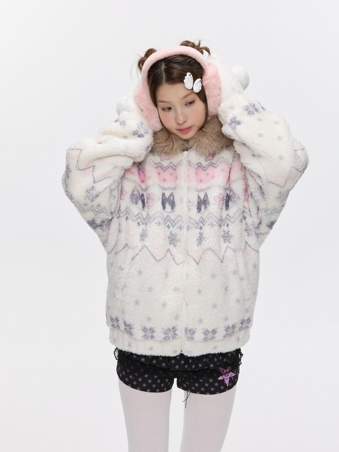 BETWEENAND Beige Printed Hooded Sherpa Collar Padded Women&