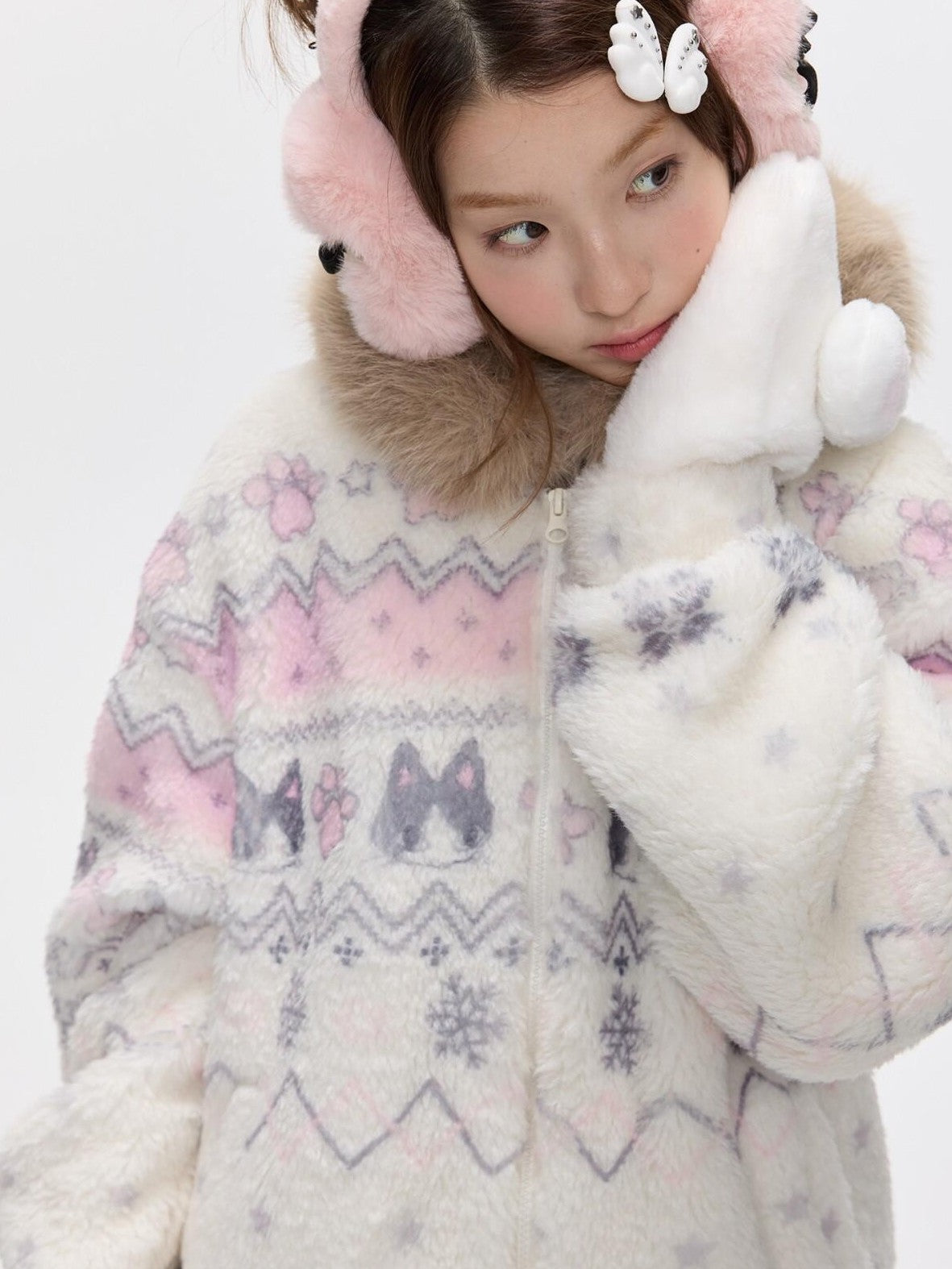 BETWEENAND Beige Printed Hooded Sherpa Collar Padded Women&