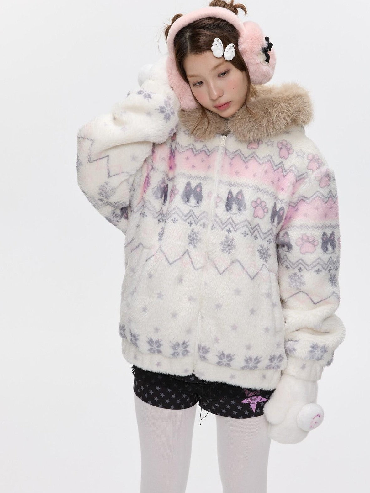 BETWEENAND Beige Printed Hooded Sherpa Collar Padded Women&