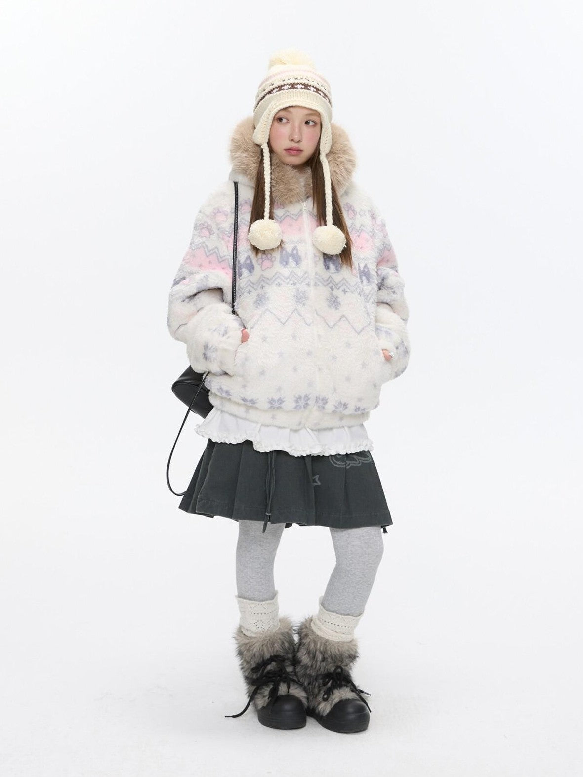 BETWEENAND Beige Printed Hooded Sherpa Collar Padded Women&