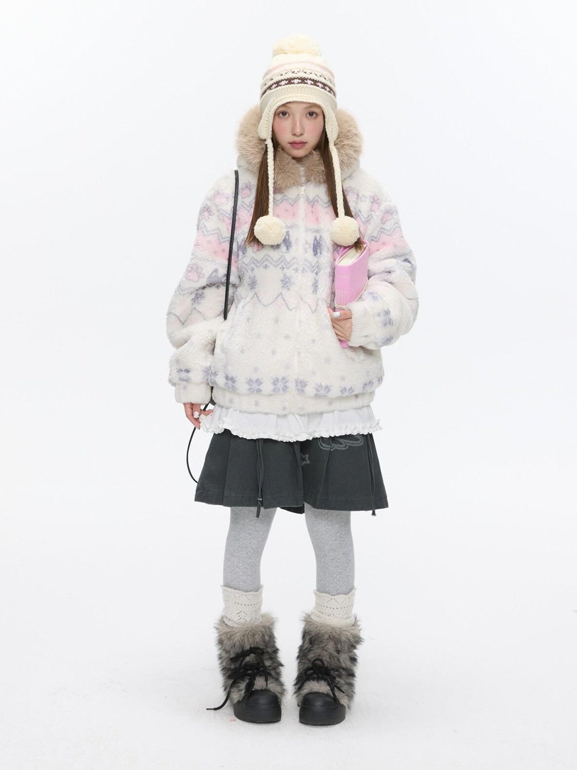 BETWEENAND Beige Printed Hooded Sherpa Collar Padded Women&