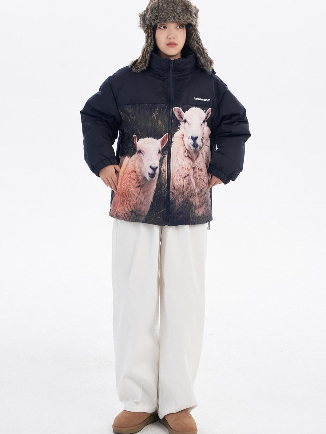 BETWEENAND Black Beige Animal Print Colorblock Women&