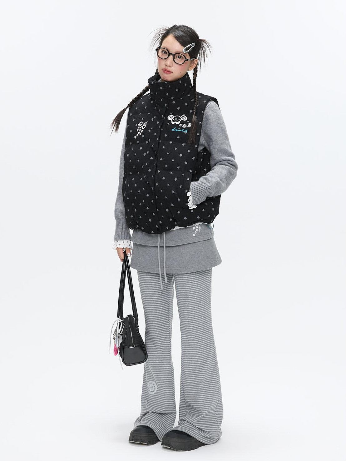 BETWEENAND Black Glitter Star Layered Vest Women&