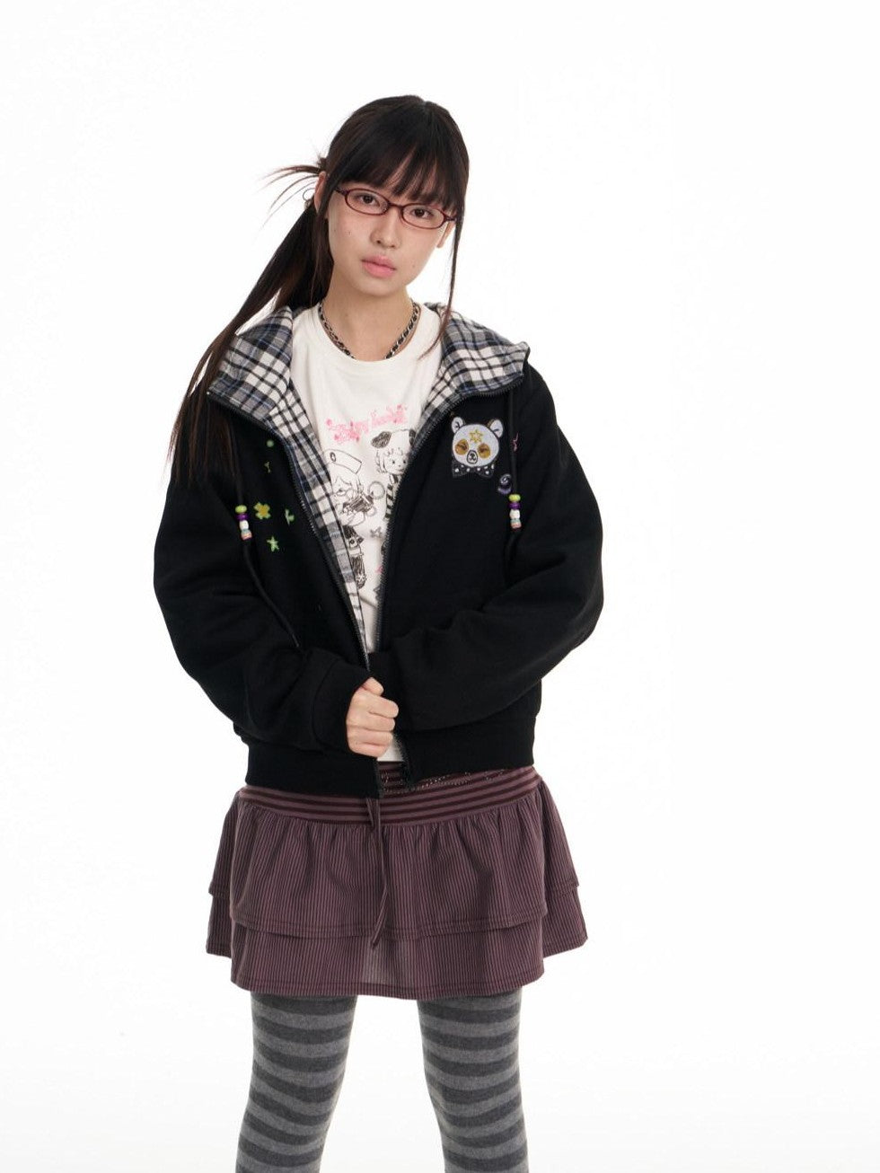 BETWEENAND Black Plaid Reversible Hooded Women&