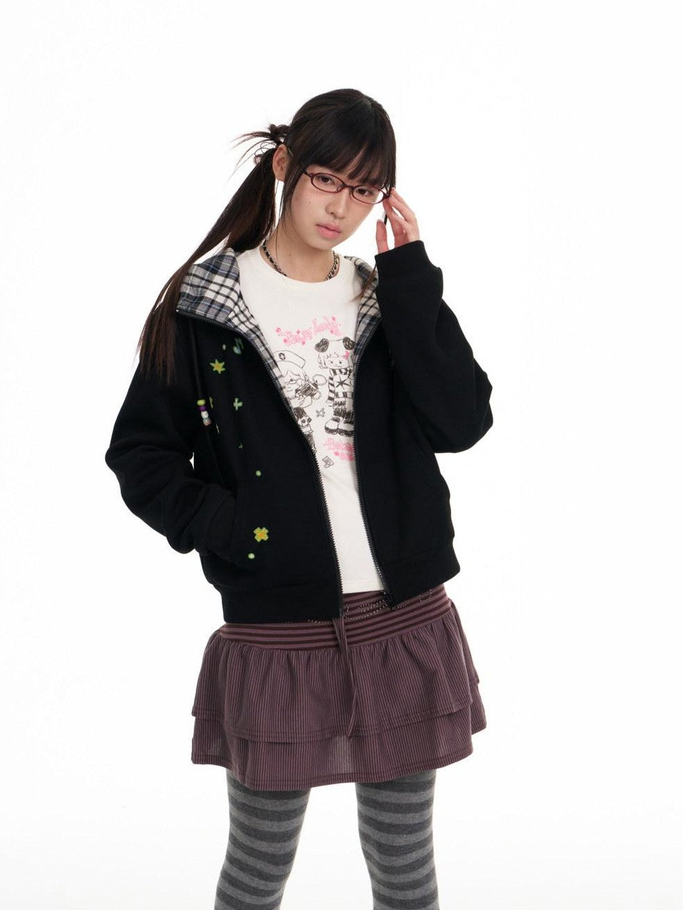 BETWEENAND Black Plaid Reversible Hooded Women&