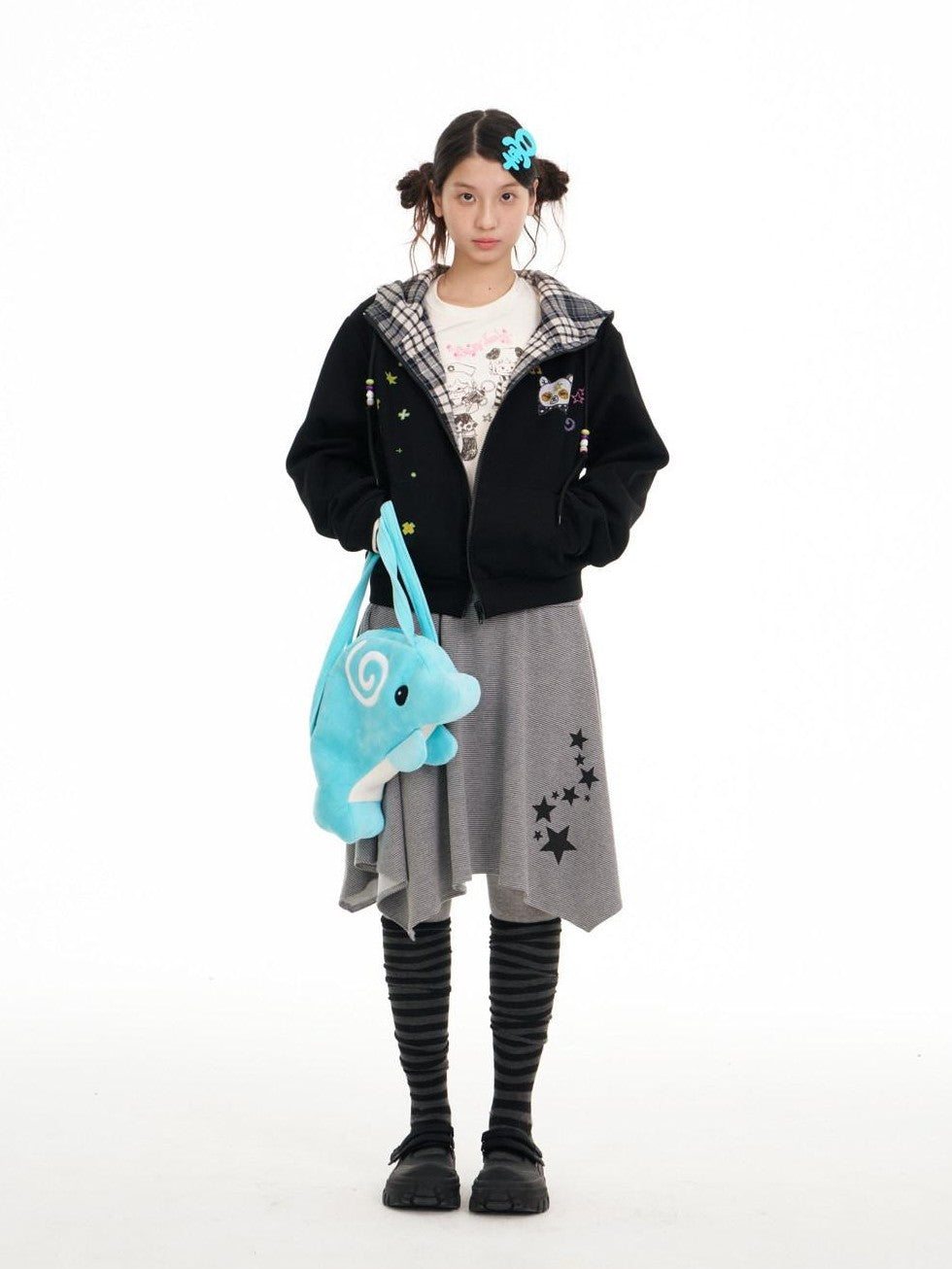 BETWEENAND Black Plaid Reversible Hooded Women&