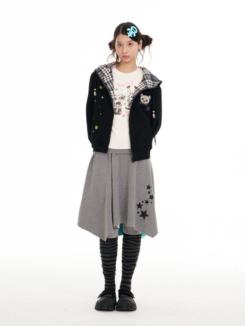 BETWEENAND Black Plaid Reversible Hooded Women&