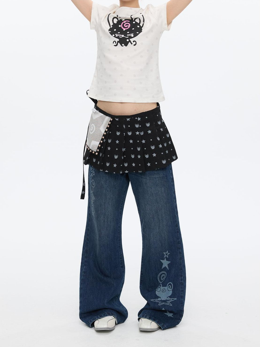BETWEENAND Black Printed Hotfix Pleated Tie Hip Panel Women&