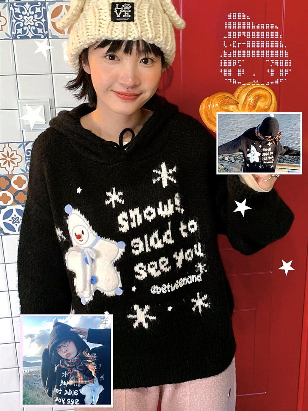 BETWEENAND Black Snowman Jacquard Embroidered Knit Women&