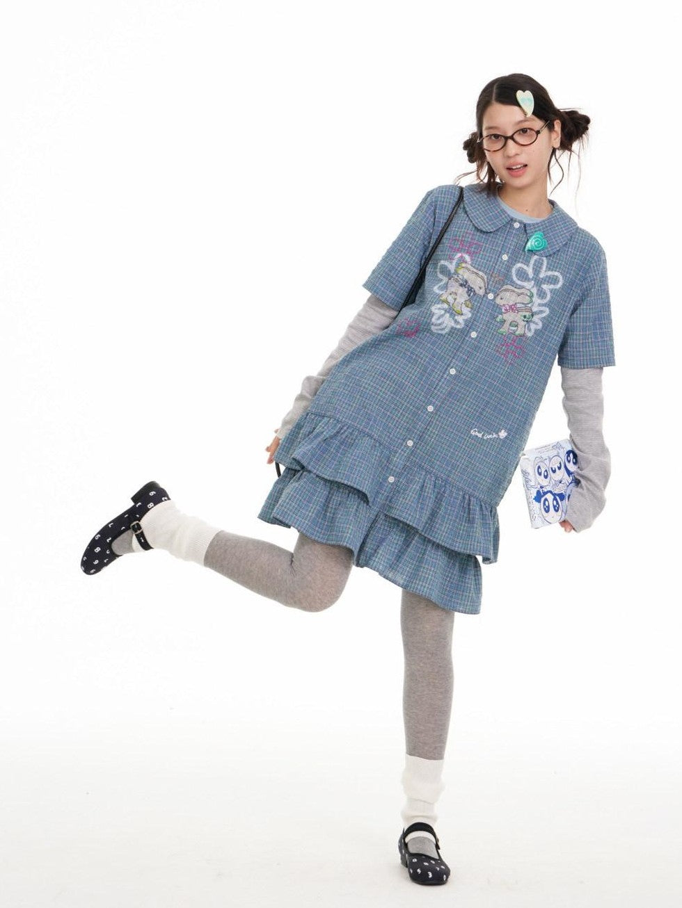 BETWEENAND Blue Deer Print Gingham Doll Collar Women&