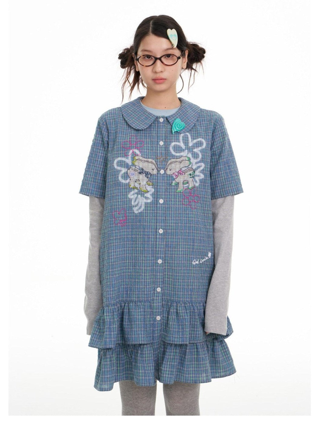 BETWEENAND Blue Deer Print Gingham Doll Collar Women&