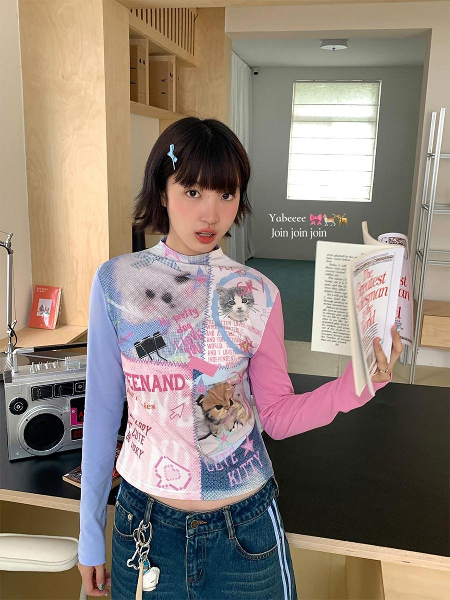 BETWEENAND Blue Pink Colorblock Cat And Dog Print Women&