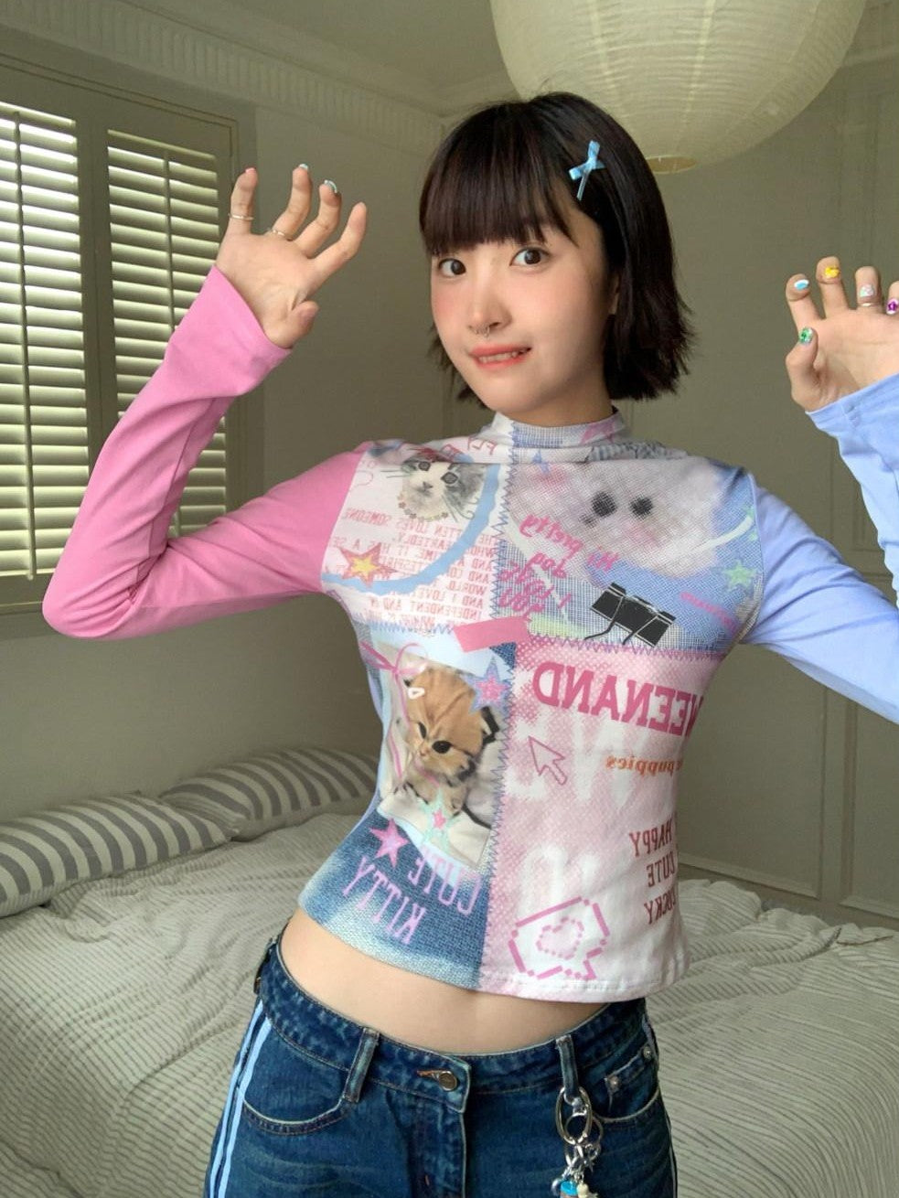 BETWEENAND Blue Pink Colorblock Cat And Dog Print Women&