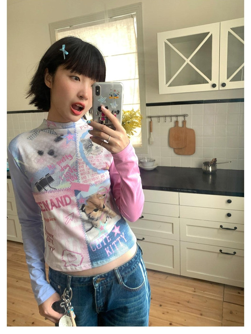 BETWEENAND Blue Pink Colorblock Cat And Dog Print Women&