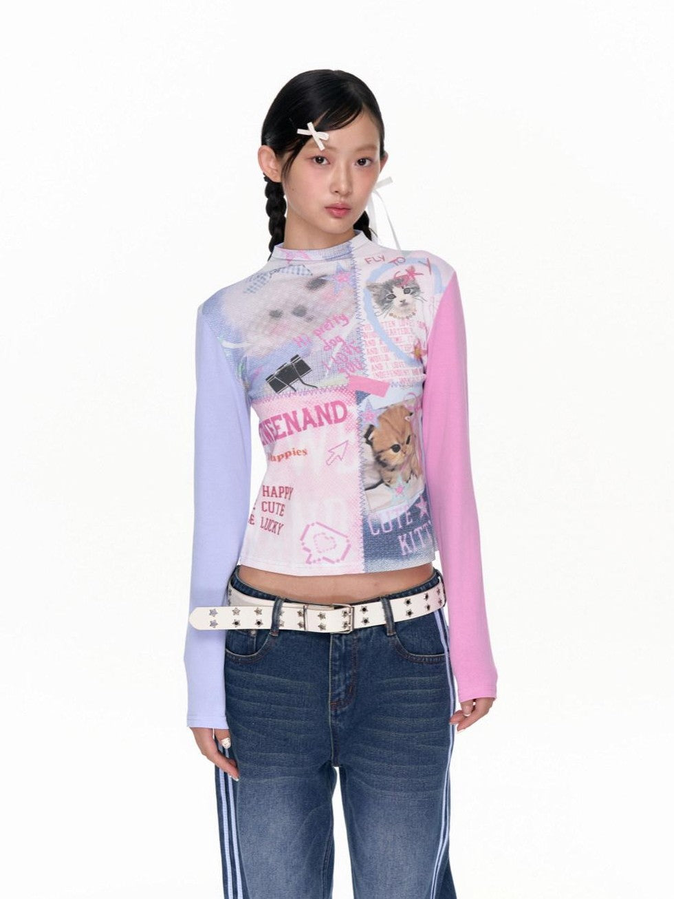 BETWEENAND Blue Pink Colorblock Cat And Dog Print Women&