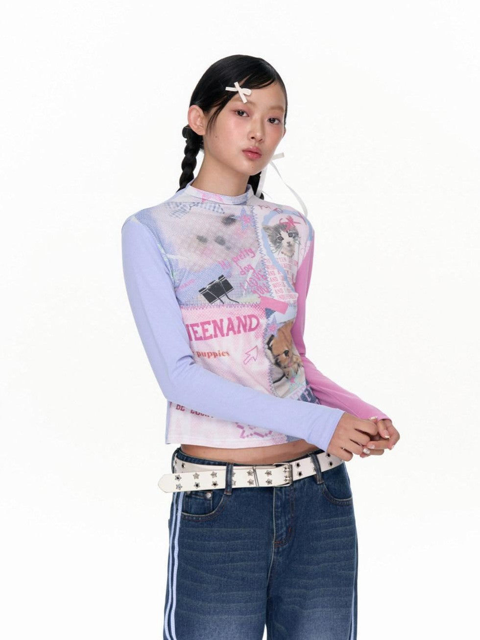 BETWEENAND Blue Pink Colorblock Cat And Dog Print Women&