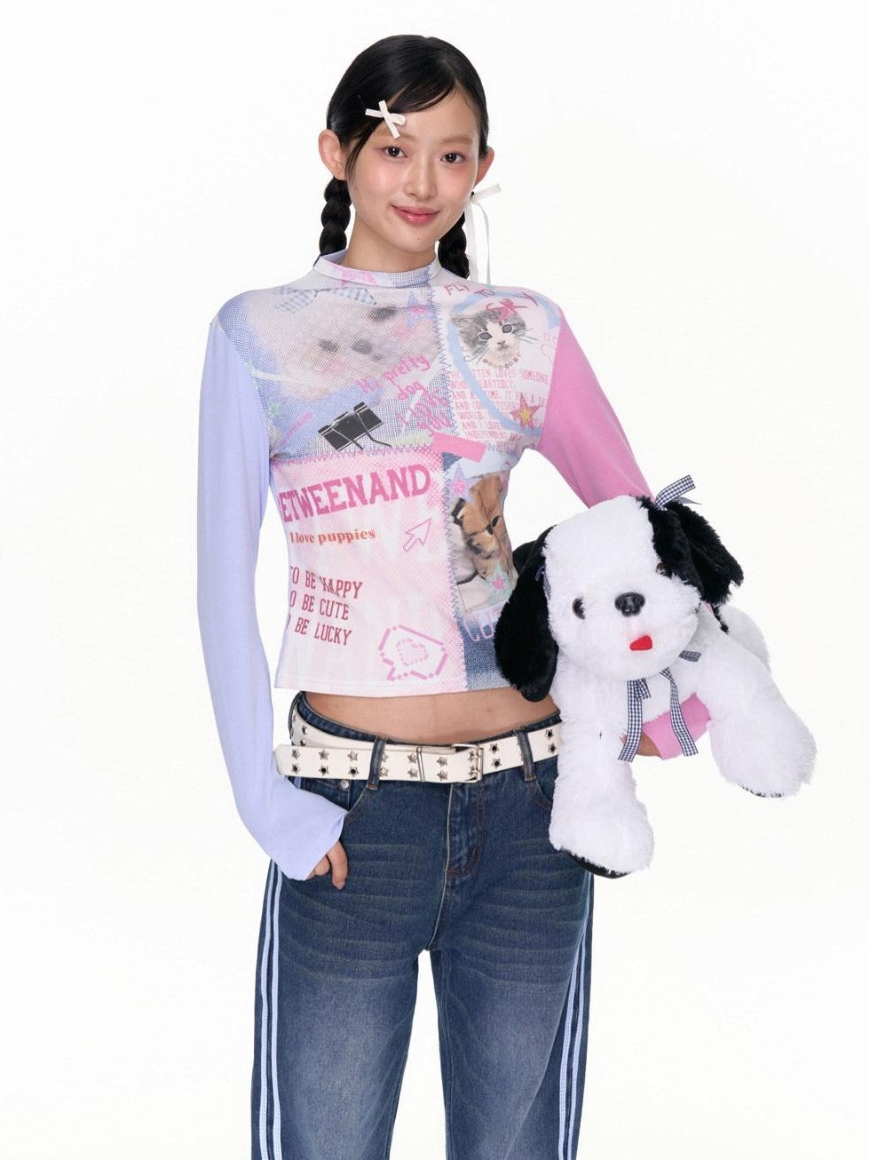 BETWEENAND Blue Pink Colorblock Cat And Dog Print Women&