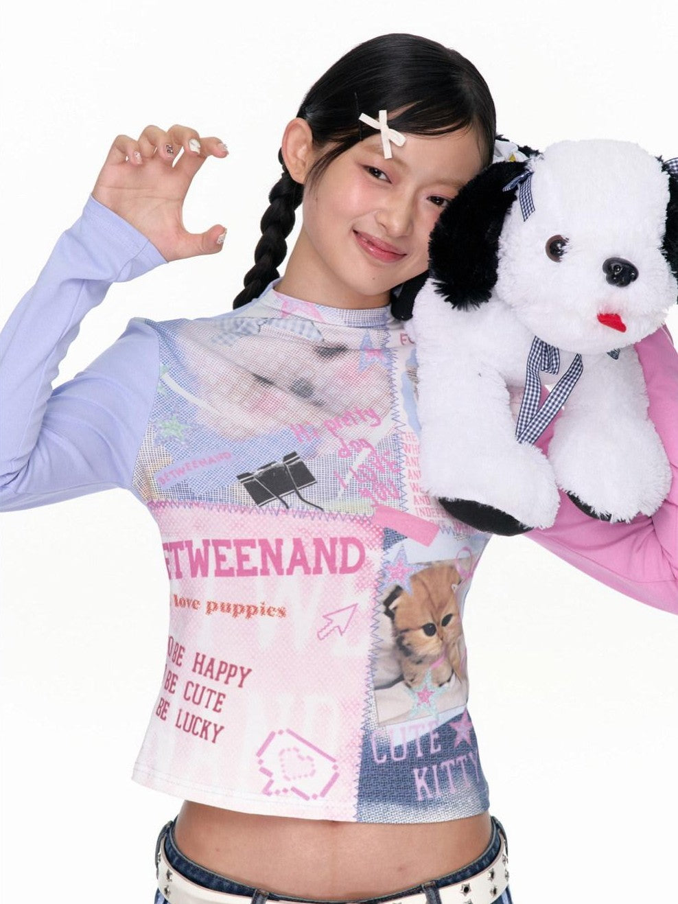 BETWEENAND Blue Pink Colorblock Cat And Dog Print Women&