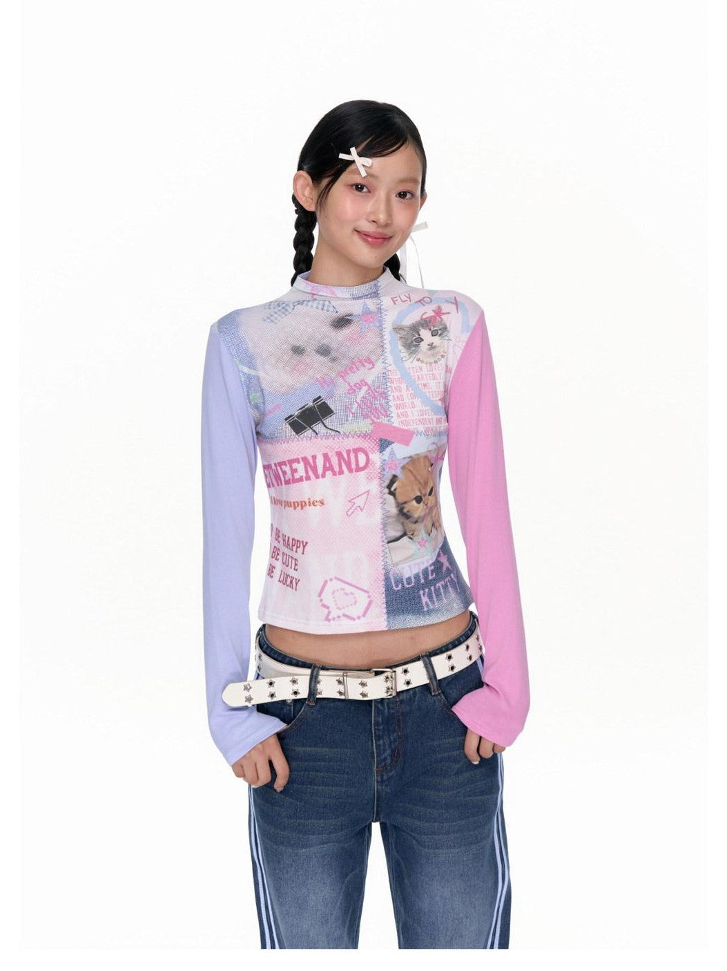 BETWEENAND Blue Pink Colorblock Cat And Dog Print Women&