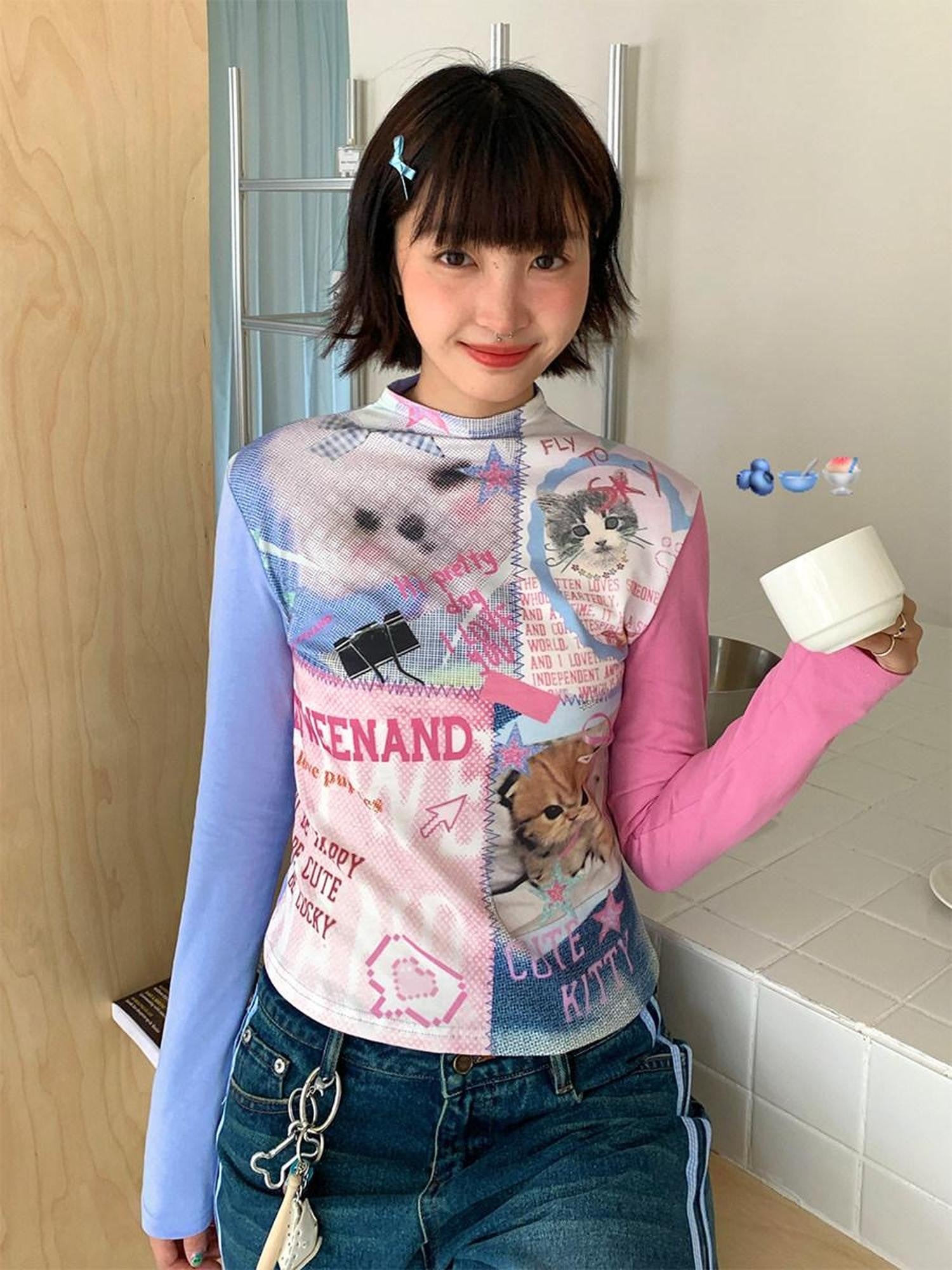 BETWEENAND Blue Pink Colorblock Cat And Dog Print Women&