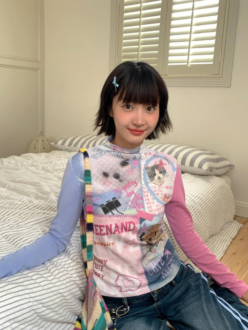 BETWEENAND Blue Pink Colorblock Cat And Dog Print Women&