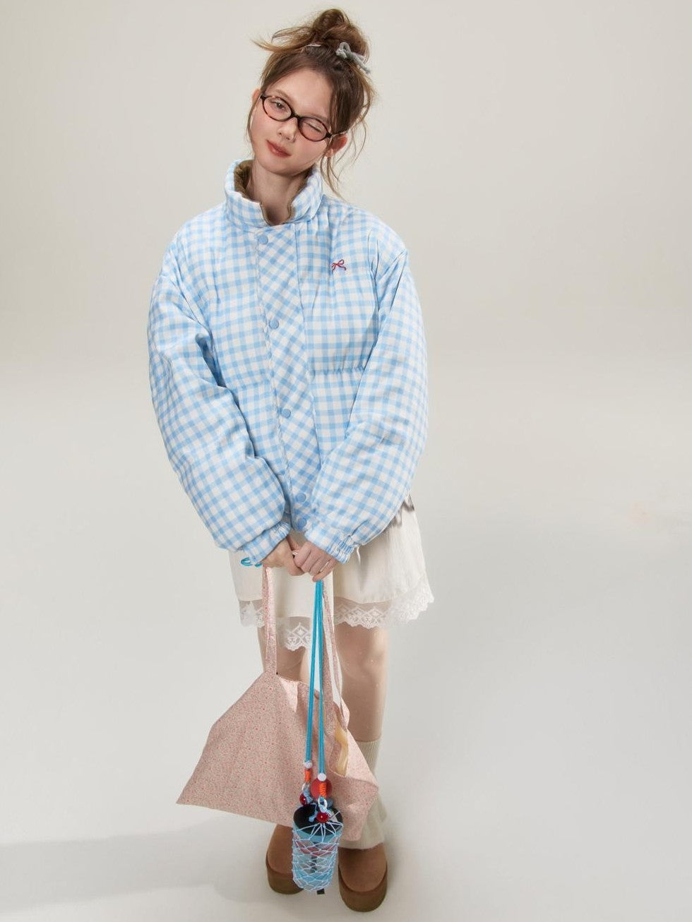 BETWEENAND Blue Plaid Corduroy Reversible Embroidered Women&