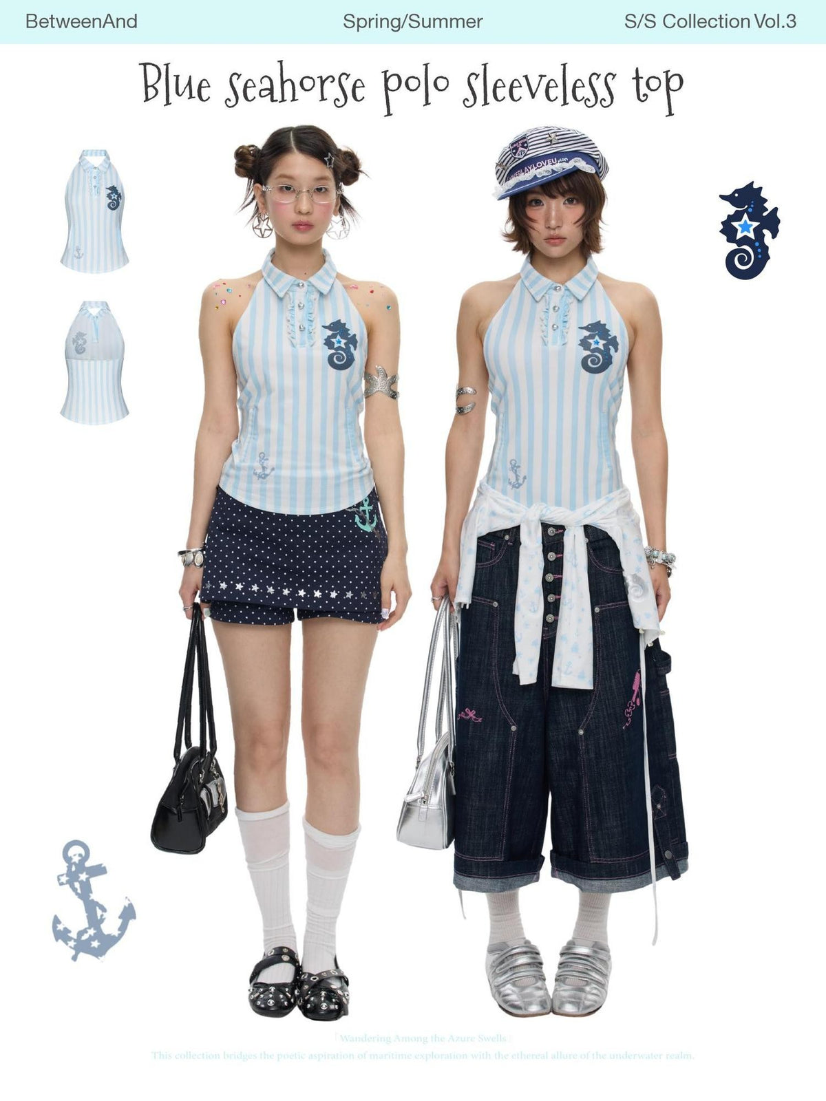 BETWEENAND Blue Seahorse Striped Polo Collar Women&