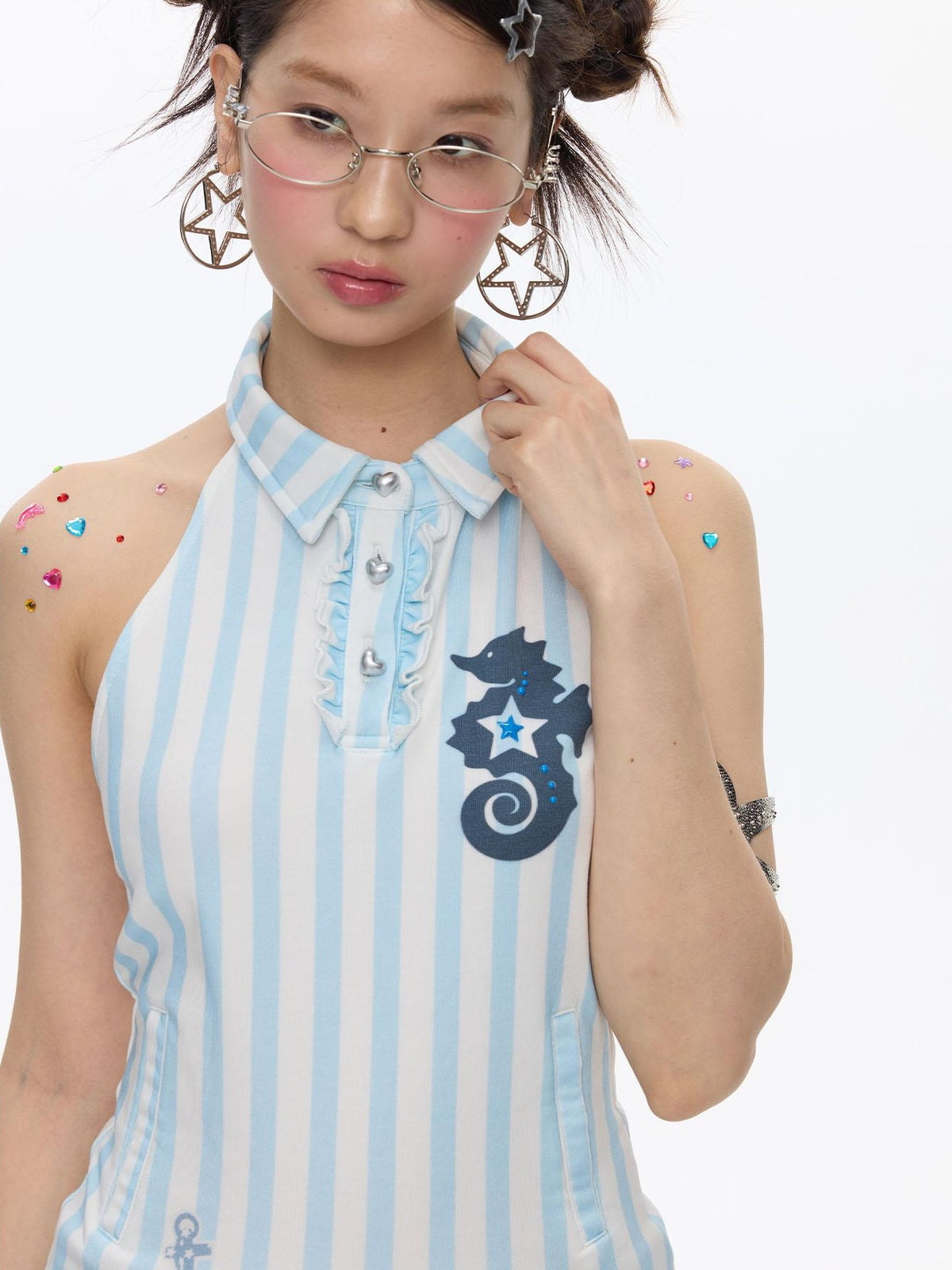 BETWEENAND Blue Seahorse Striped Polo Collar Women&