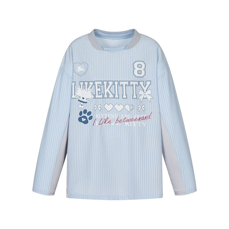 BETWEENAND_Blue_Striped_Fun_Print_Spliced_Sporty_Women&