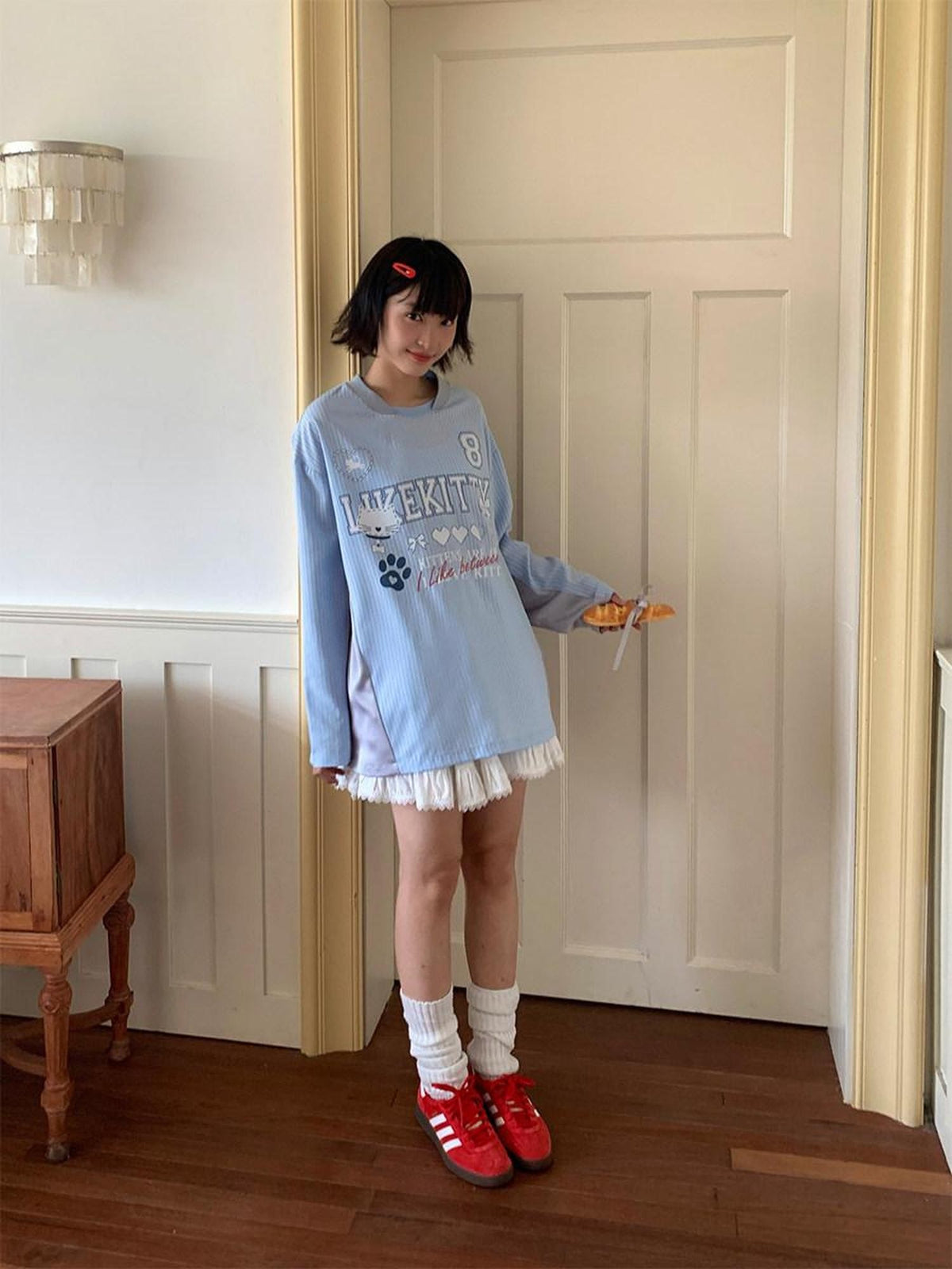 BETWEENAND Blue Striped Fun Print Spliced Sporty Women&