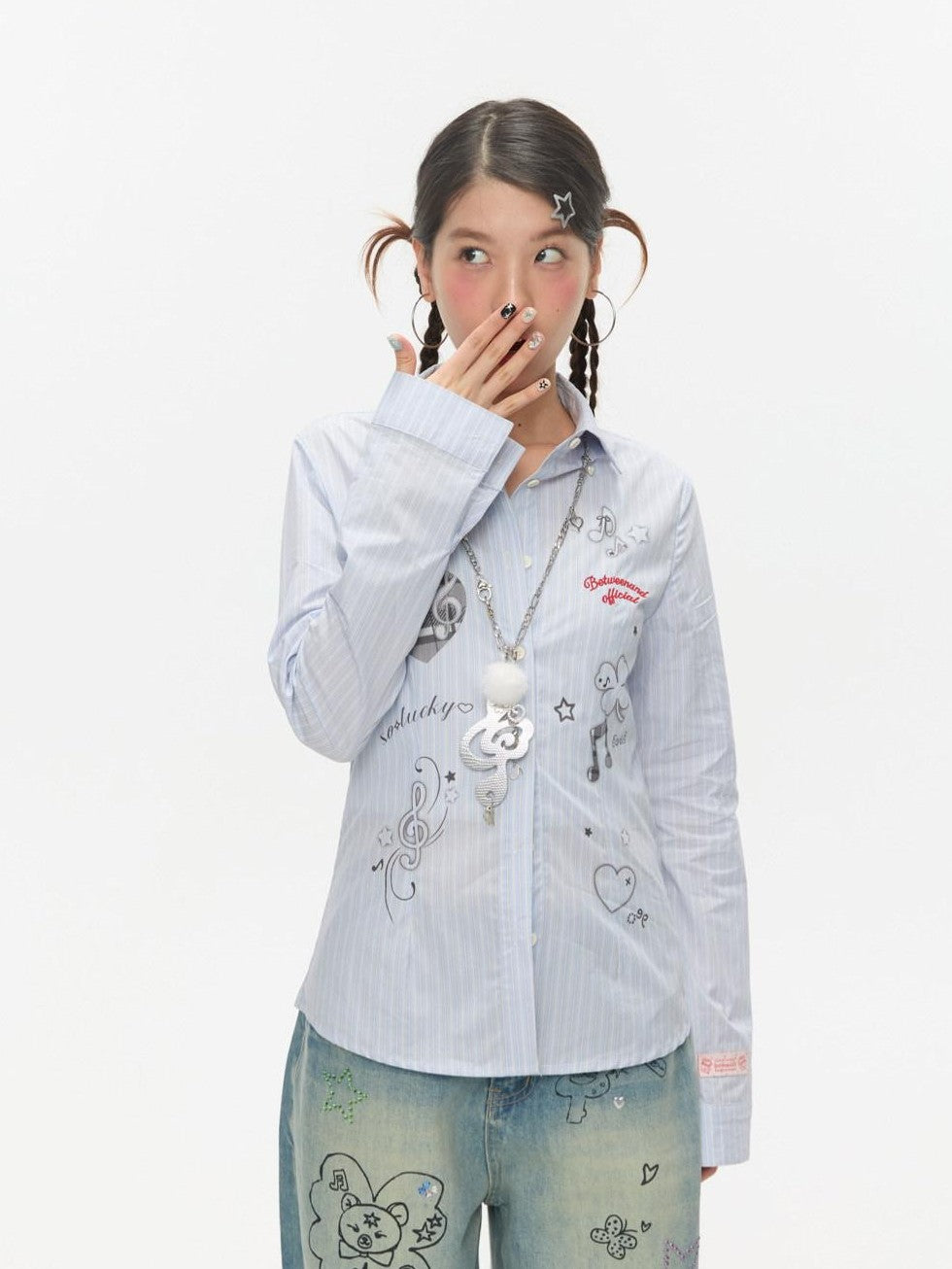 BETWEENAND Blue Striped Waist Cinch Stand Collar Long Sleeve Slim Women&