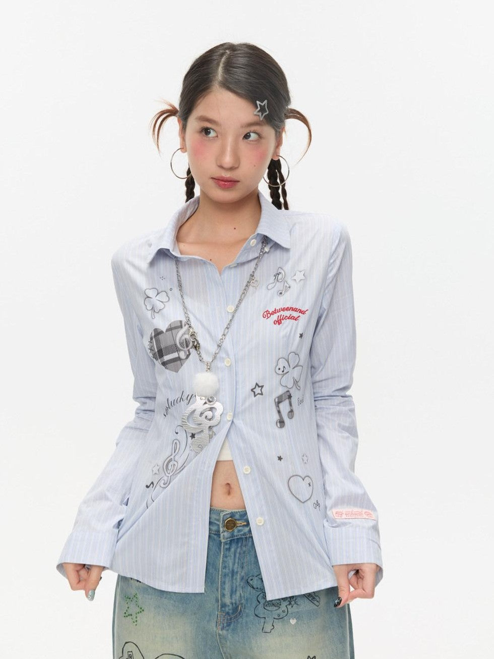 BETWEENAND Blue Striped Waist Cinch Stand Collar Long Sleeve Slim Women&
