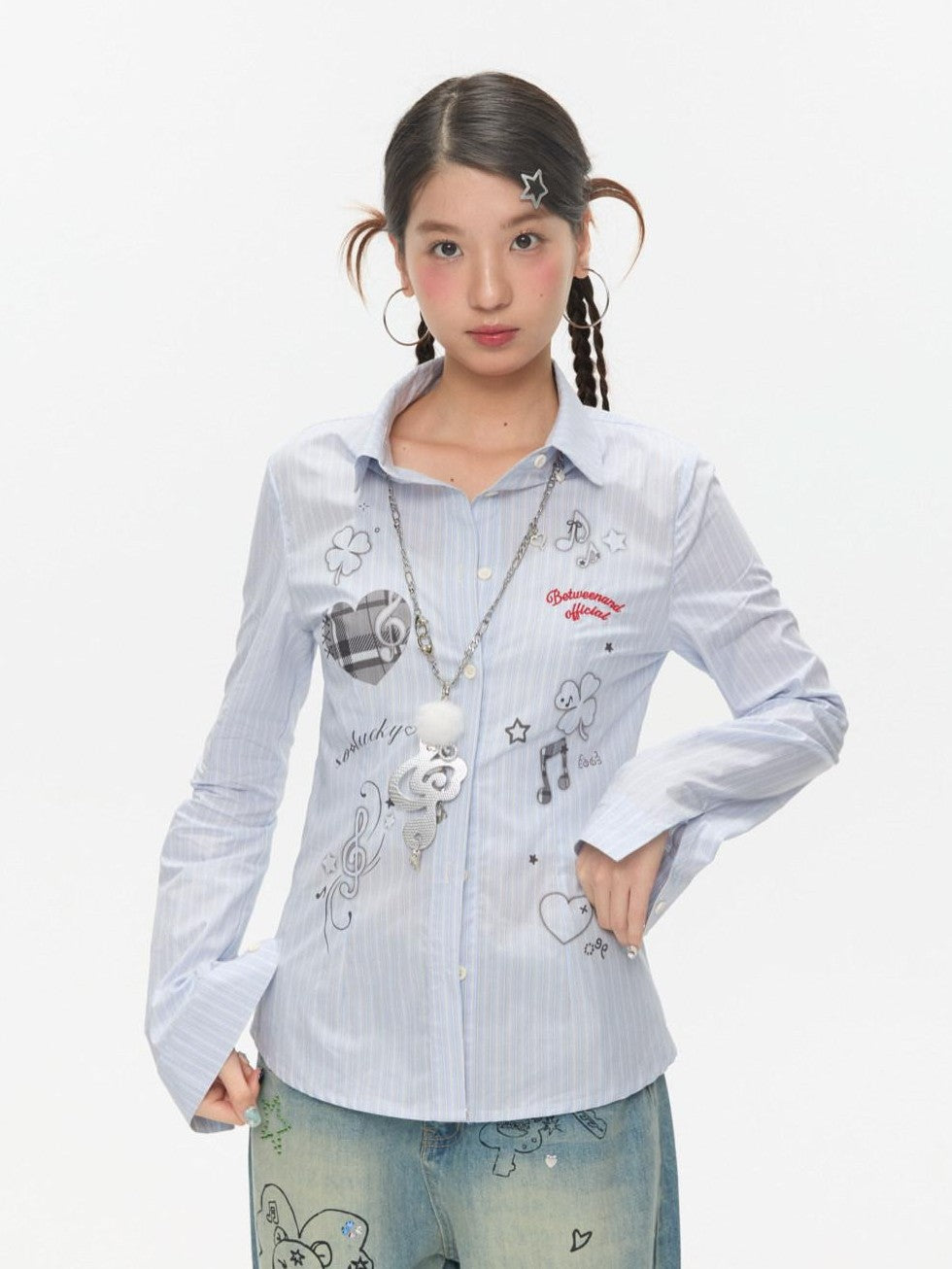 BETWEENAND Blue Striped Waist Cinch Stand Collar Long Sleeve Slim Women&