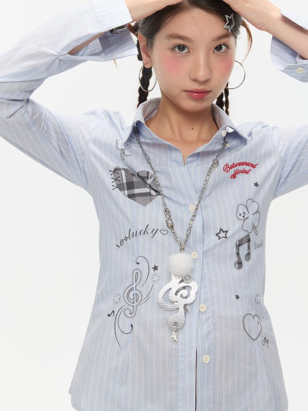 BETWEENAND Blue Striped Waist Cinch Stand Collar Long Sleeve Slim Women&