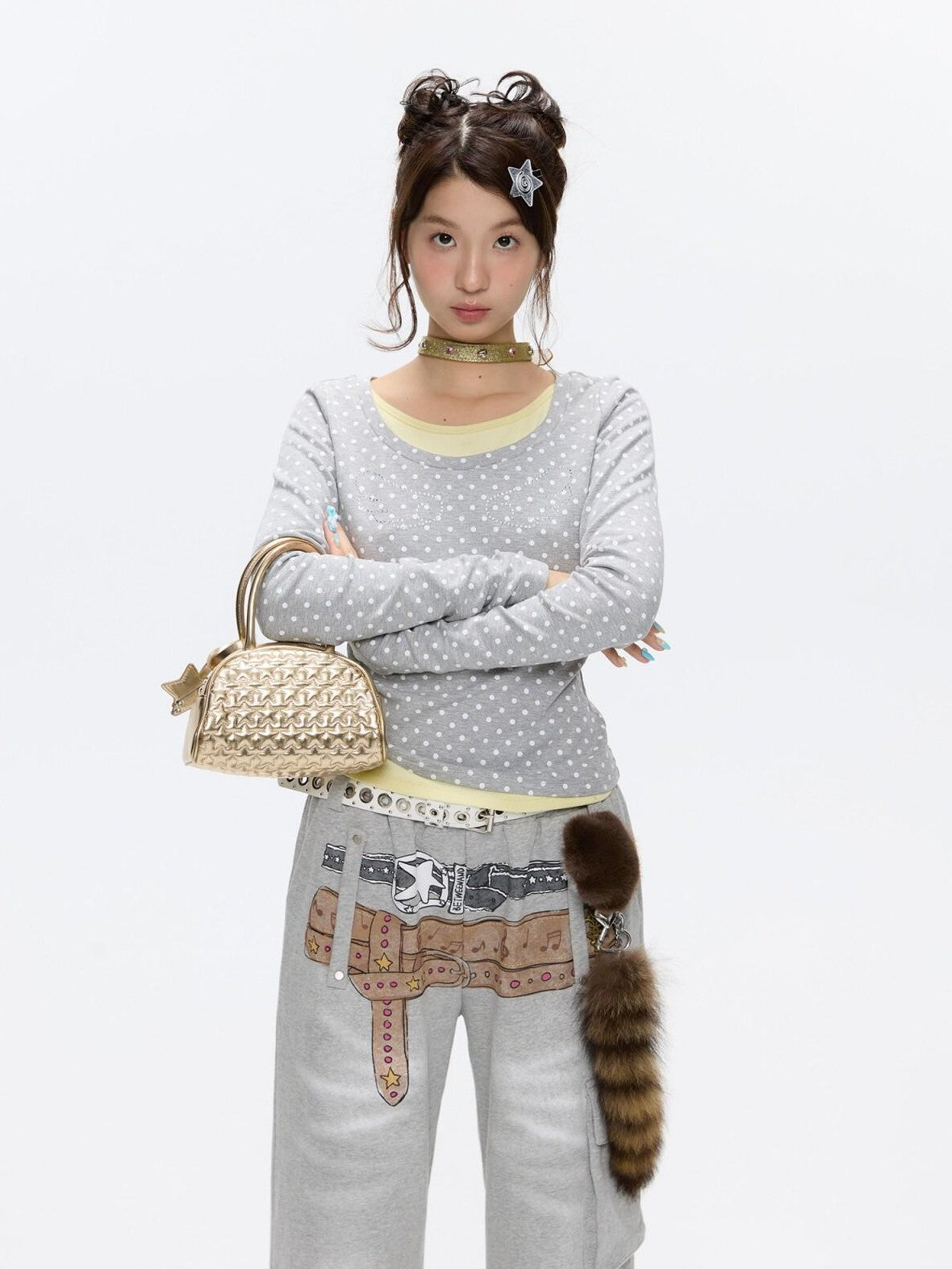 BETWEENAND Brushed Polka Dot Rhinestone Faux Layer Slim Fit Women&
