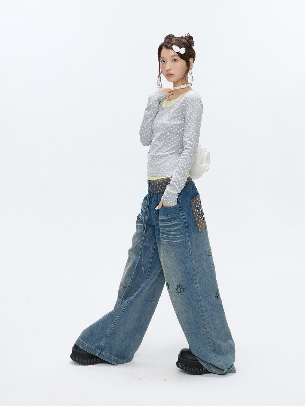 BETWEENAND Brushed Polka Dot Rhinestone Faux Layer Slim Fit Women&