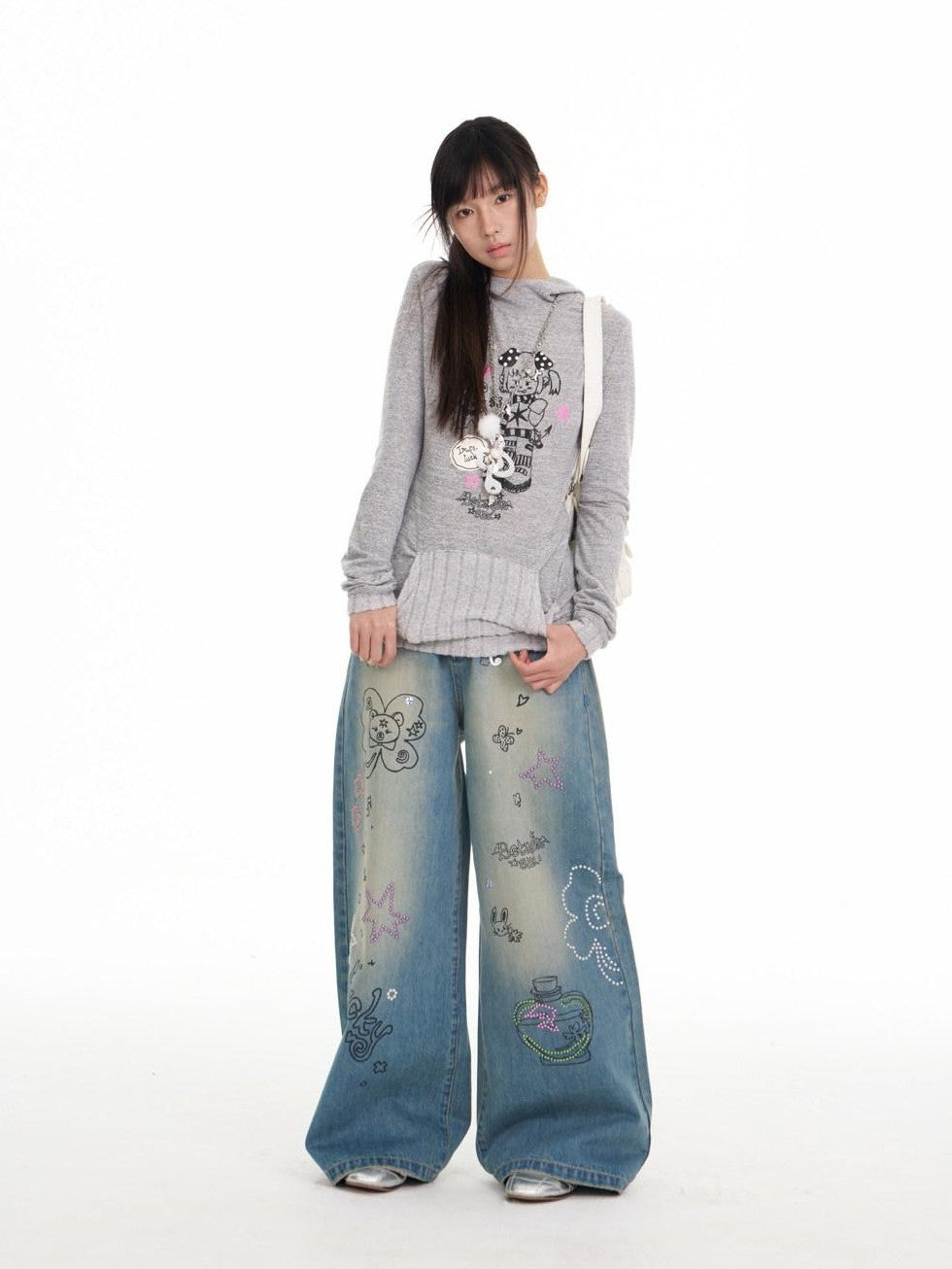 BETWEENAND Bunny Ear Hood Puff Print Straight Cut Women&