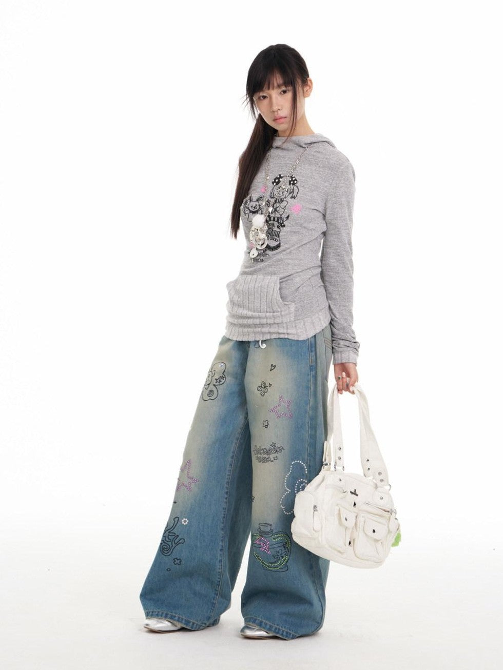 BETWEENAND Bunny Ear Hood Puff Print Straight Cut Women&