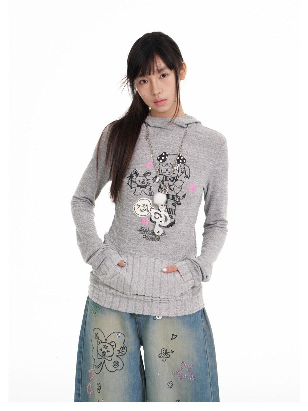 BETWEENAND Bunny Ear Hood Puff Print Straight Cut Women&