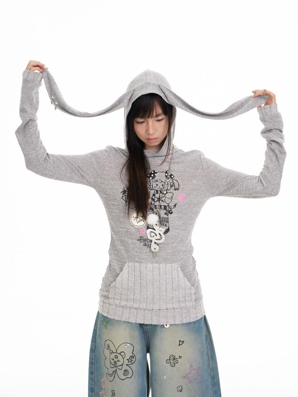 BETWEENAND Bunny Ear Hood Puff Print Straight Cut Women&