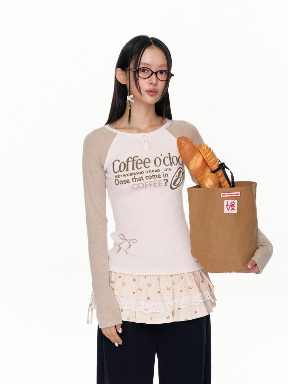 BETWEENAND Coffee Brown Bow Raglan Print Women&