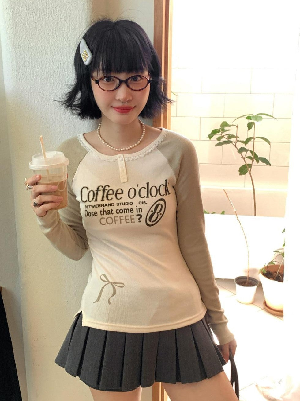 BETWEENAND Coffee Brown Bow Raglan Print Women&